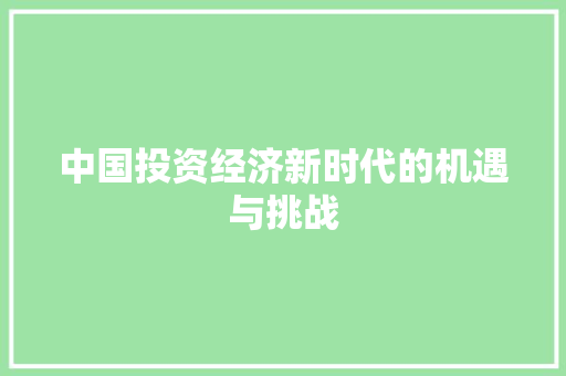 中国投资经济新时代的机遇与挑战 中国投资经济新时代的机遇与挑战