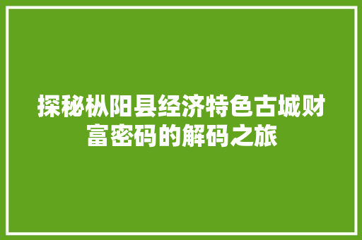 探秘枞阳县经济特色古城财富密码的解码之旅