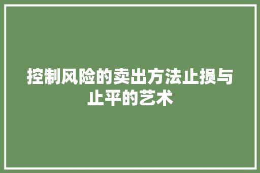 控制风险的卖出方法止损与止平的艺术 控制风险的卖出方法止损与止平的艺术