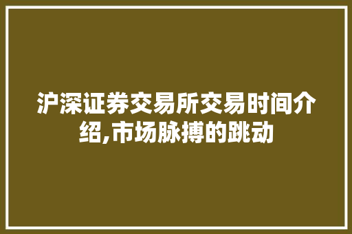 沪深证券交易所交易时间介绍,市场脉搏的跳动 沪深证券交易所交易时间介绍,市场脉搏的跳动