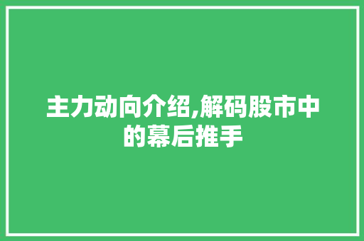 主力动向介绍,解码股市中的幕后推手 主力动向介绍,解码股市中的幕后推手