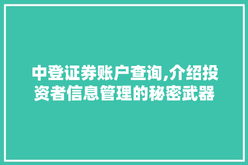 中登证券账户查询,介绍投资者信息管理的秘密武器 中登证券账户查询,介绍投资者信息管理的秘密武器